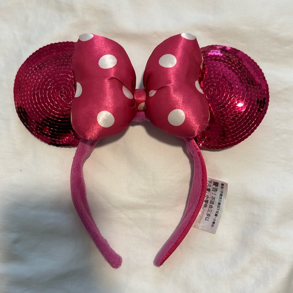 Disney Parks Pink Sequined Minnie Mouse Ear Headband Polka Dot Bow Mickey Ears